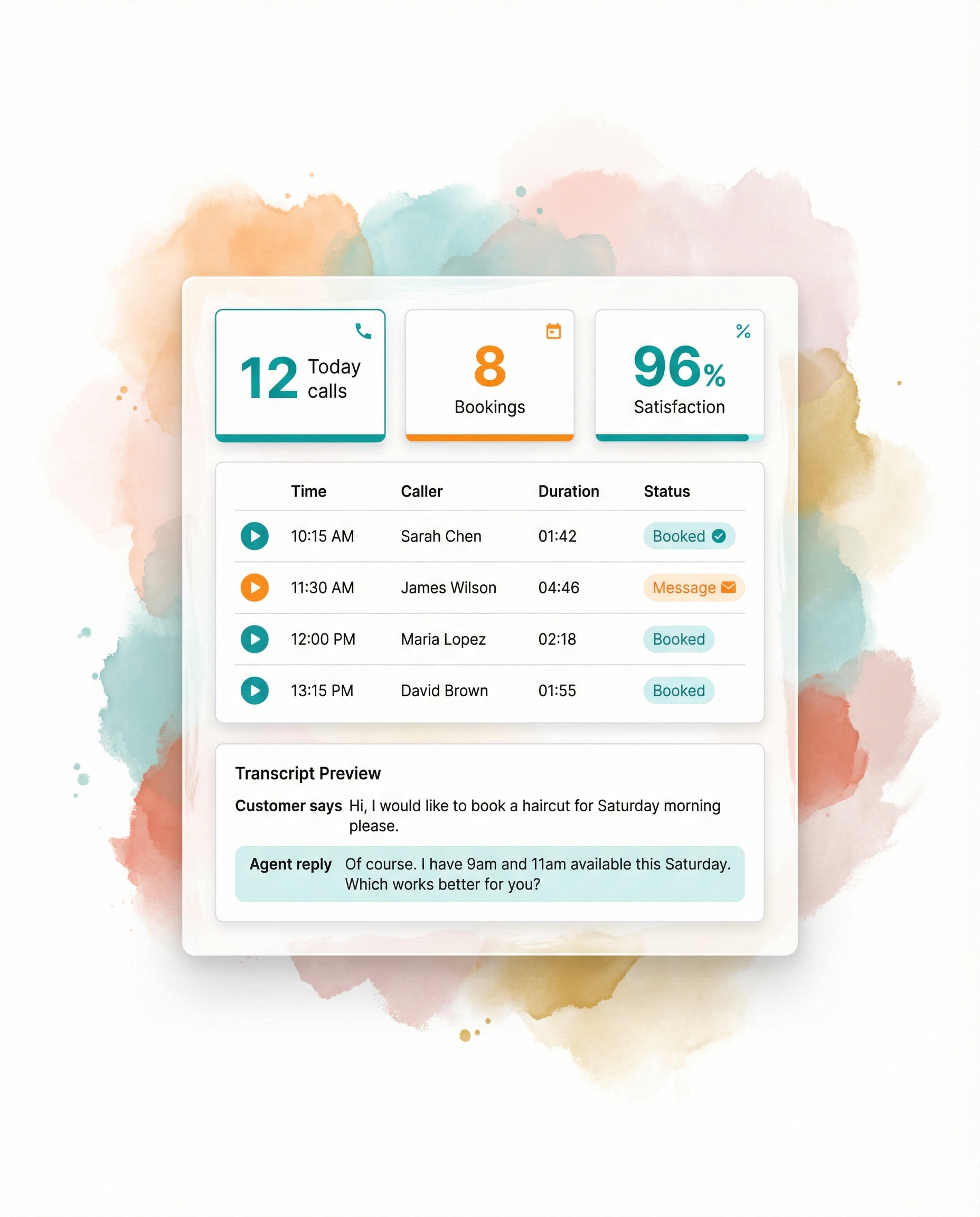 Dashboard showing calls, transcripts, and bookings